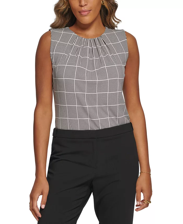 Printed Pleat-Neck Blouse