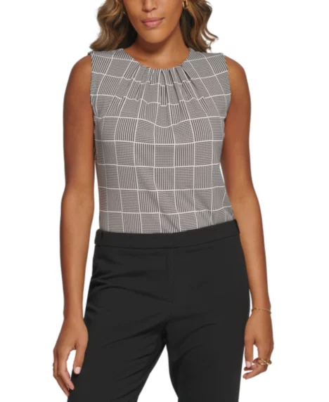 Printed Pleat-Neck Blouse, Regular and Petite Sizes - Black Cream