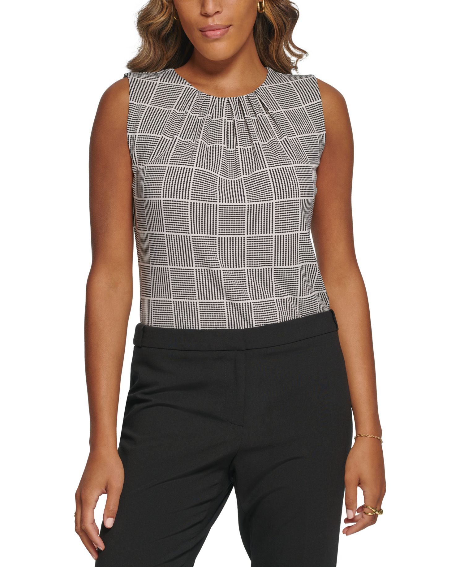 Printed Pleat-Neck Blouse