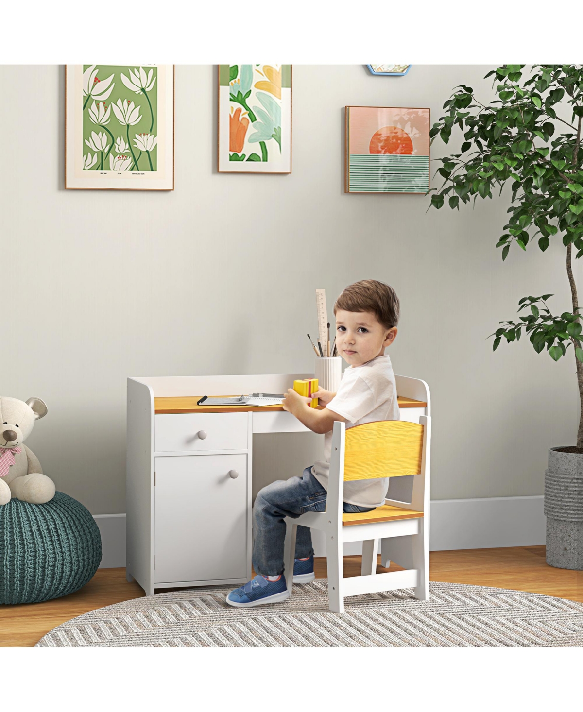 Qaba Kids Desk and Chair Set with Storage Drawer, Study Desk with Chair for Children for Arts & Crafts, Snack Time, Homeschooling, Homework,- W