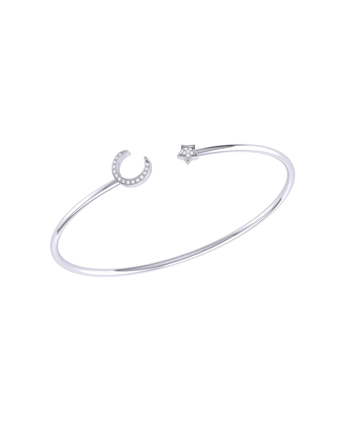 Moonlit Star Design Sterling Silver Diamond Adjustable Women Cuff - White