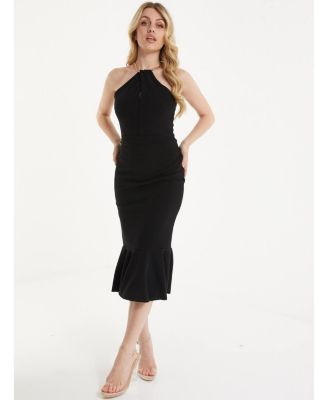 black tie front midi dress Womens Casual Tie Front Midi Dress| AMVI S / Black