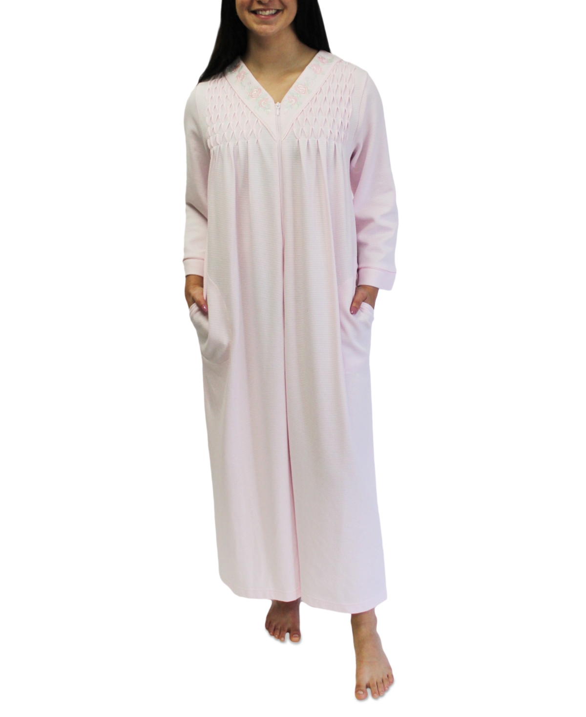 Miss Elaine Plus Size Floral-trim V-neck Long Zip Robe In Pink