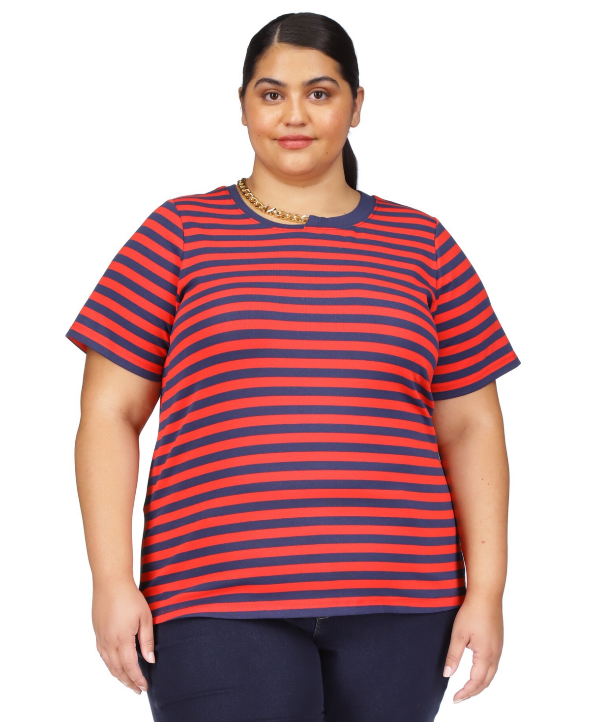 Michael Kors Michael  Plus Size Striped Necklace Top In Lacquer Red