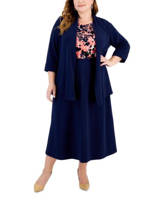 KASPER PLUS SIZE OPEN FRONT CARDIGAN FLORAL COWLNECK KNIT TOP PULL ON MIDI SKIRT