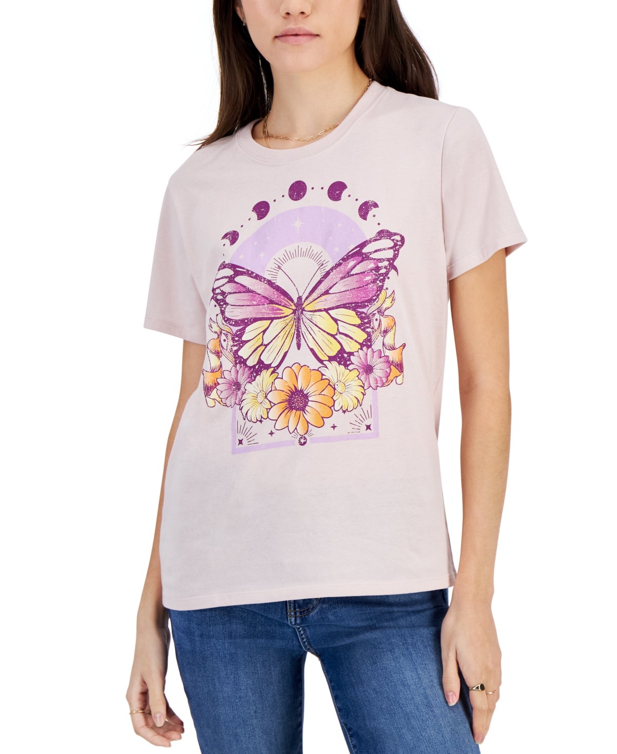 Juniors' Butterfly Floral Crewneck Graphic T-Shirt - Hushed Violet