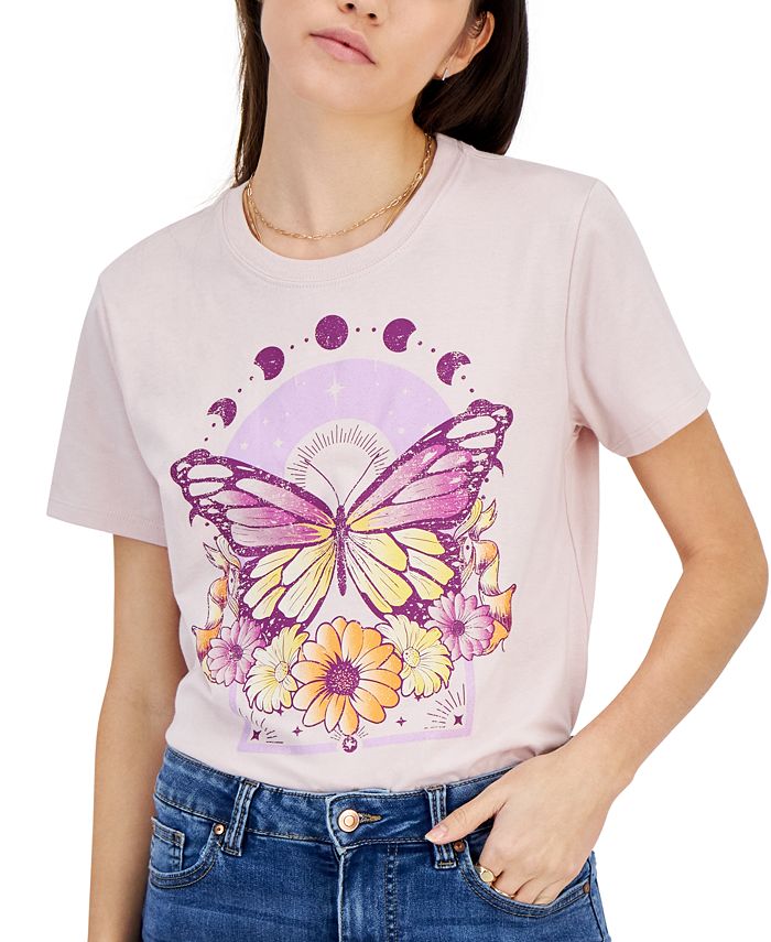 Rebellious One Juniors' Butterfly Floral Crewneck Graphic T-Shirt - Macy's