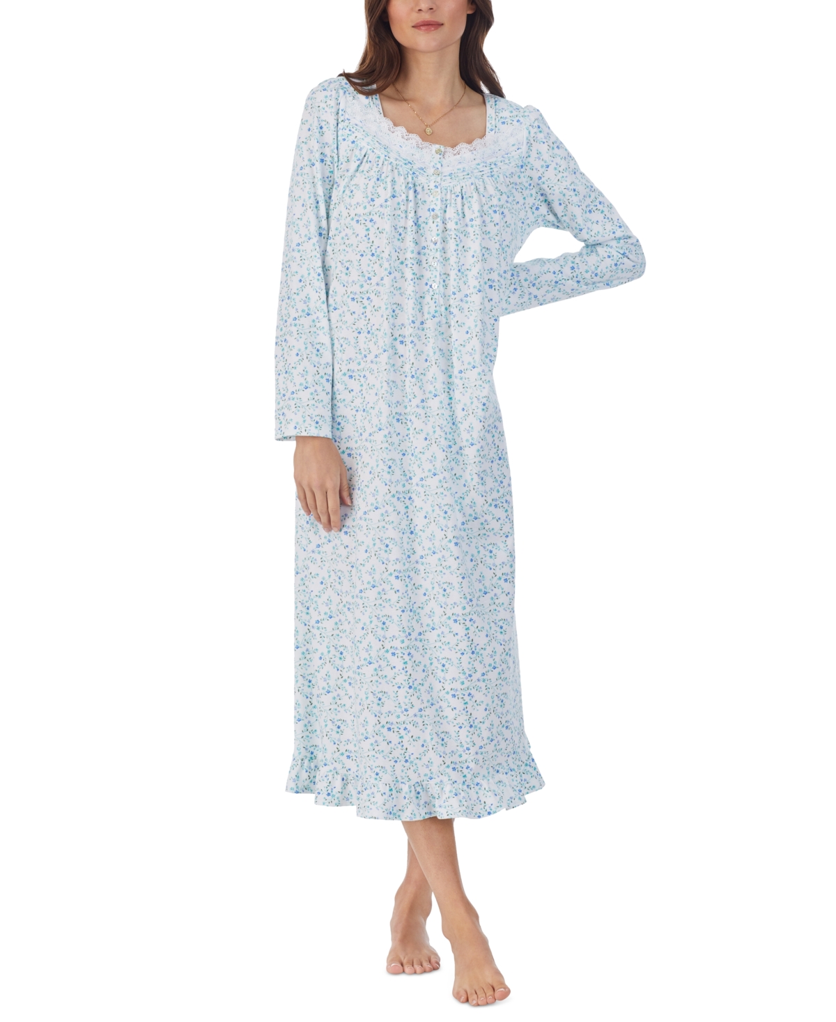 Women's Cotton Floral Lace-Trim Nightgown - White Ditsy