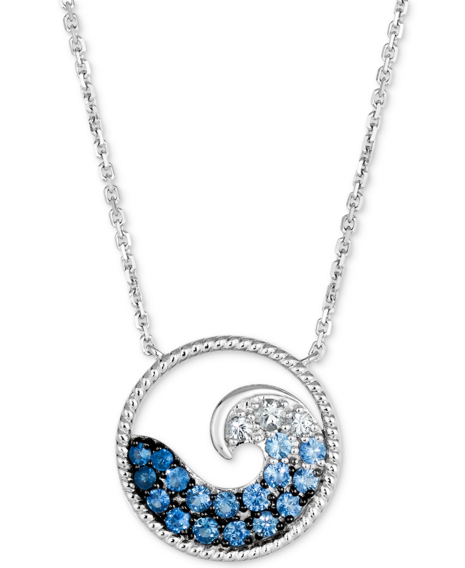 Denim Ombr&eacute; (1/2 ct. t.w.) & White Sapphire (1/8 ct. t.w.) Wave Disc Adjustable 18.5" Pendant Necklace in 14k White Gold