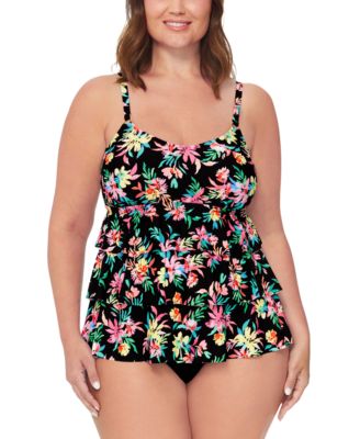 Island Escape Plus Size Floral Print Tiered Tankini Top High Waist Bottoms Created For Macys In Black Multi