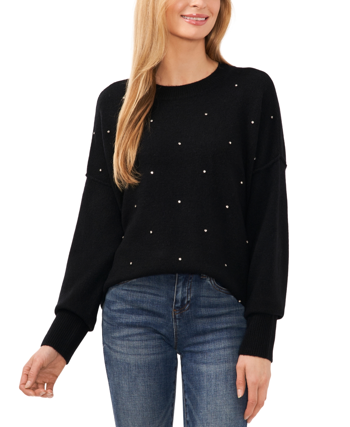 Cece Women's Rhinestone Embellished Crewneck Sweater In Rich Black