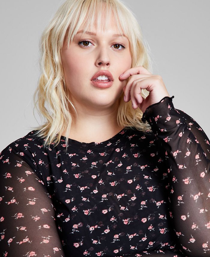 And Now This Trendy Plus Size Floral-Print Mesh Long-Sleeve Top - Macy's