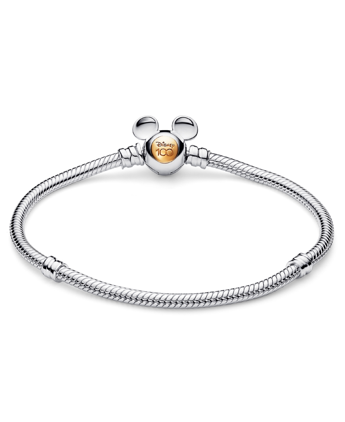 Shop Pandora Moments Sterling Silver And 14k Gold-plated Disney 100th Anniversary Snake Chain Bracelet In Mixed