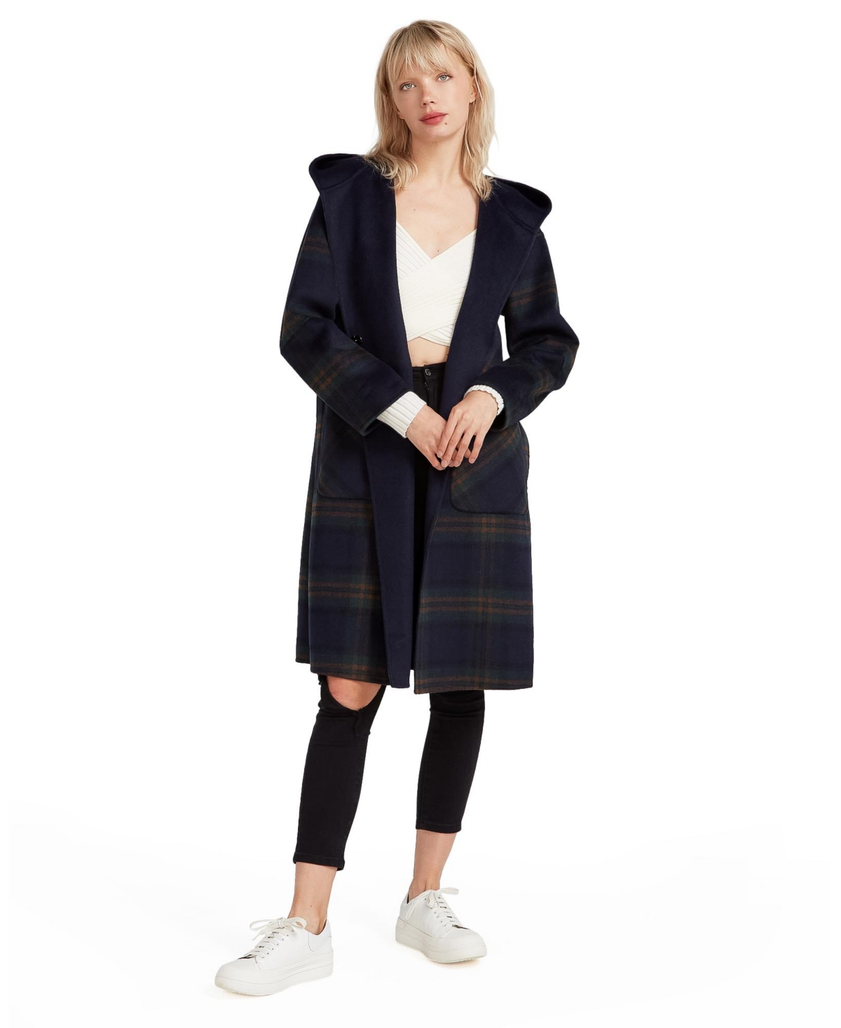 Belle & Bloom Walk This Way Wool Blend Oversized Coat In Navy French Plaid