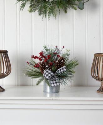 Frosted Pinecones and Berries Artificial Arrangement in Vase with Decorative Plaid Bow, 12"