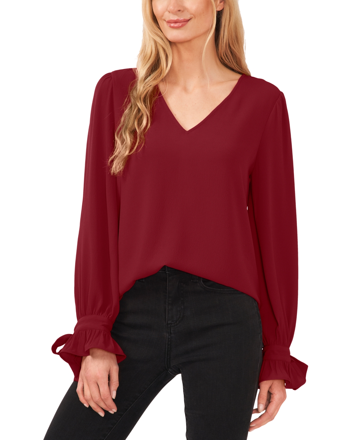 Women's Solid Long Sleeve V-Neck Tie Cuff Blouse - Wine