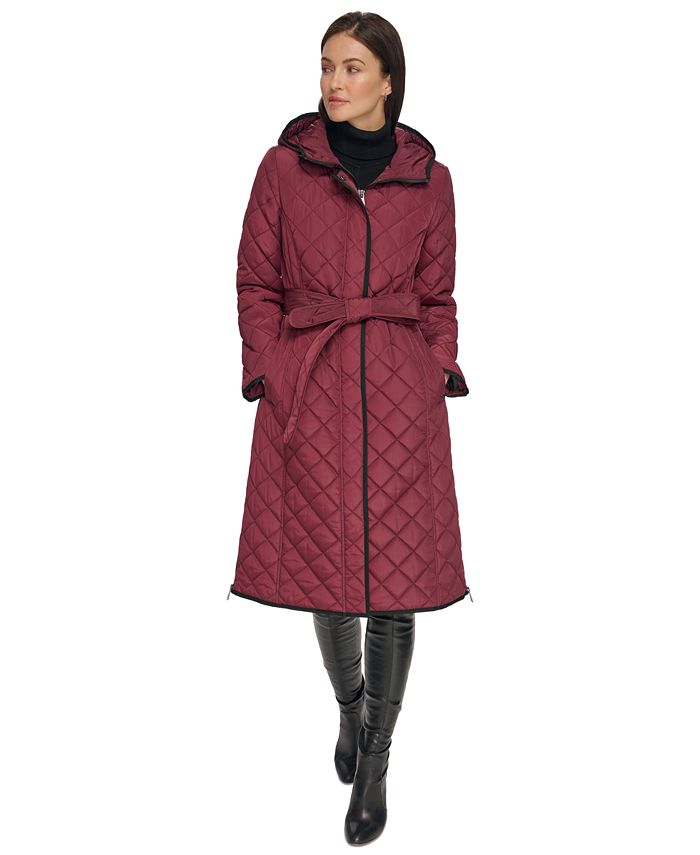 DKNY - Women's Hooded Belted Quilted Coat