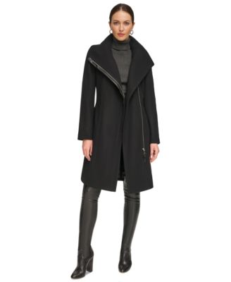 Women's Asymmetrical Belted Funnel-Neck Wool Blend Coat
