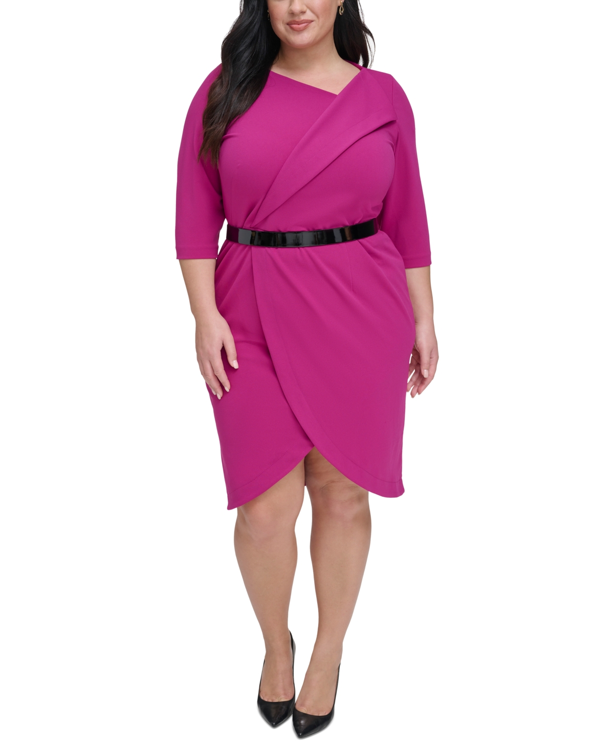 Shop Calvin Klein Plus Size Belted 3/4-sleeve Tulip-hem Dress In Boysenberry