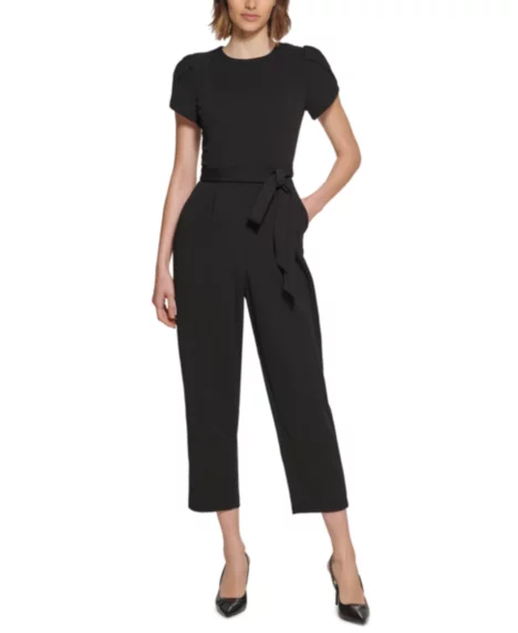 Petite Puff-Sleeve Belted Jumpsuit - Black
