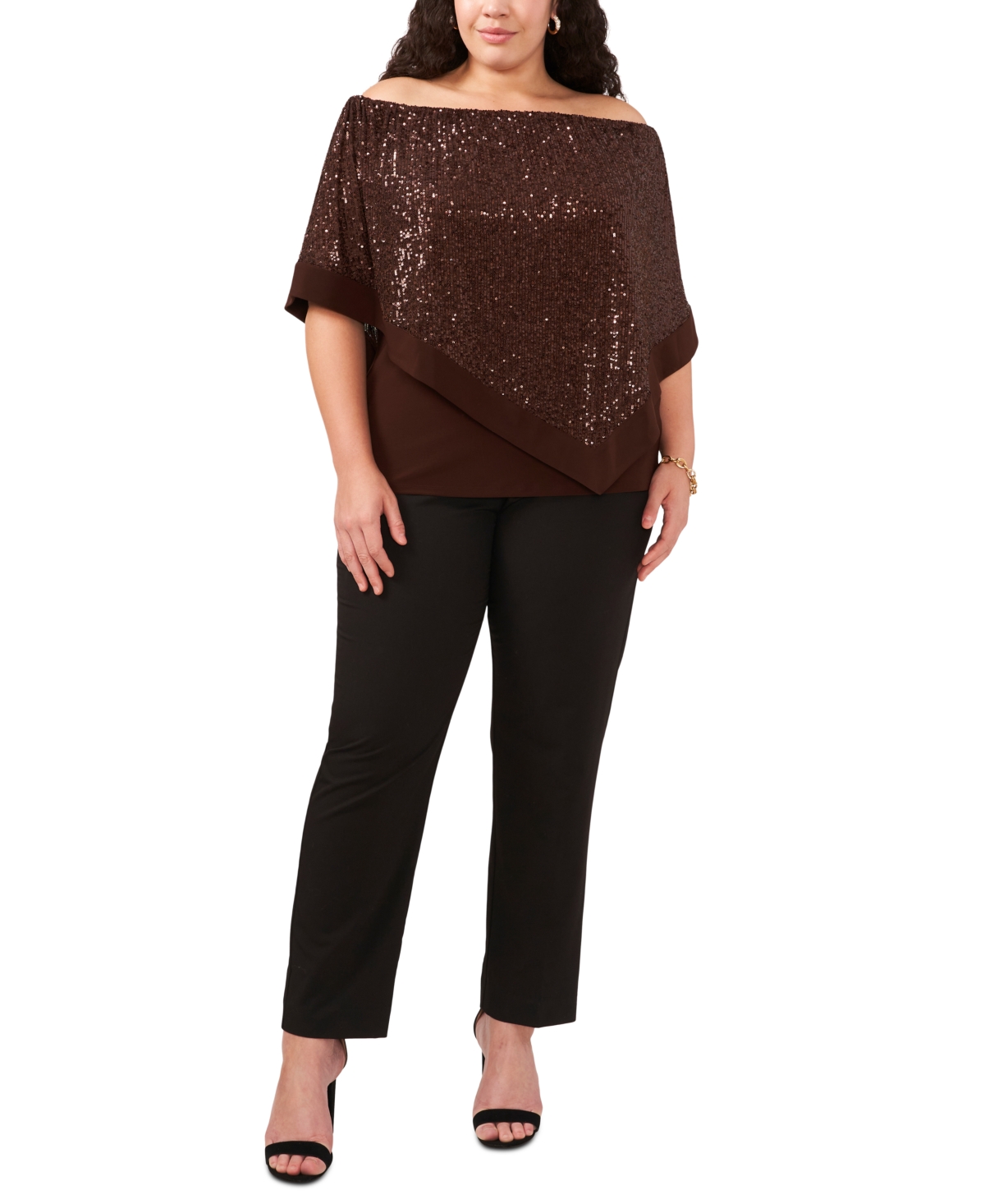 Msk Plus Size Sequined Cape Off-the-shoulder Top In Chocolate