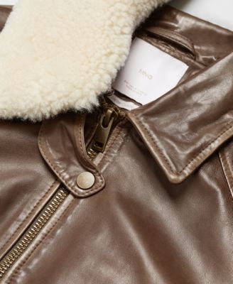 MANGO Women's Shearling Collar Leather Bomber Jacket