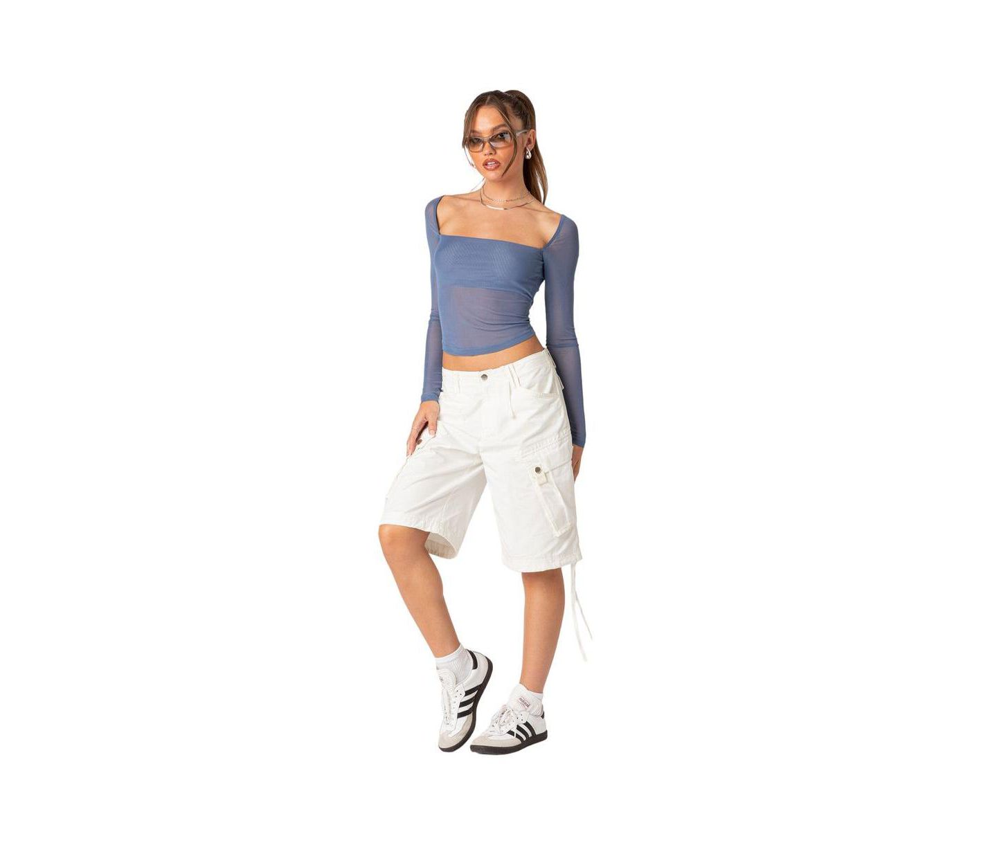 Женский топ Edikted Long Sleeve Square Neck Mesh, цвет: Синий — фото 2
