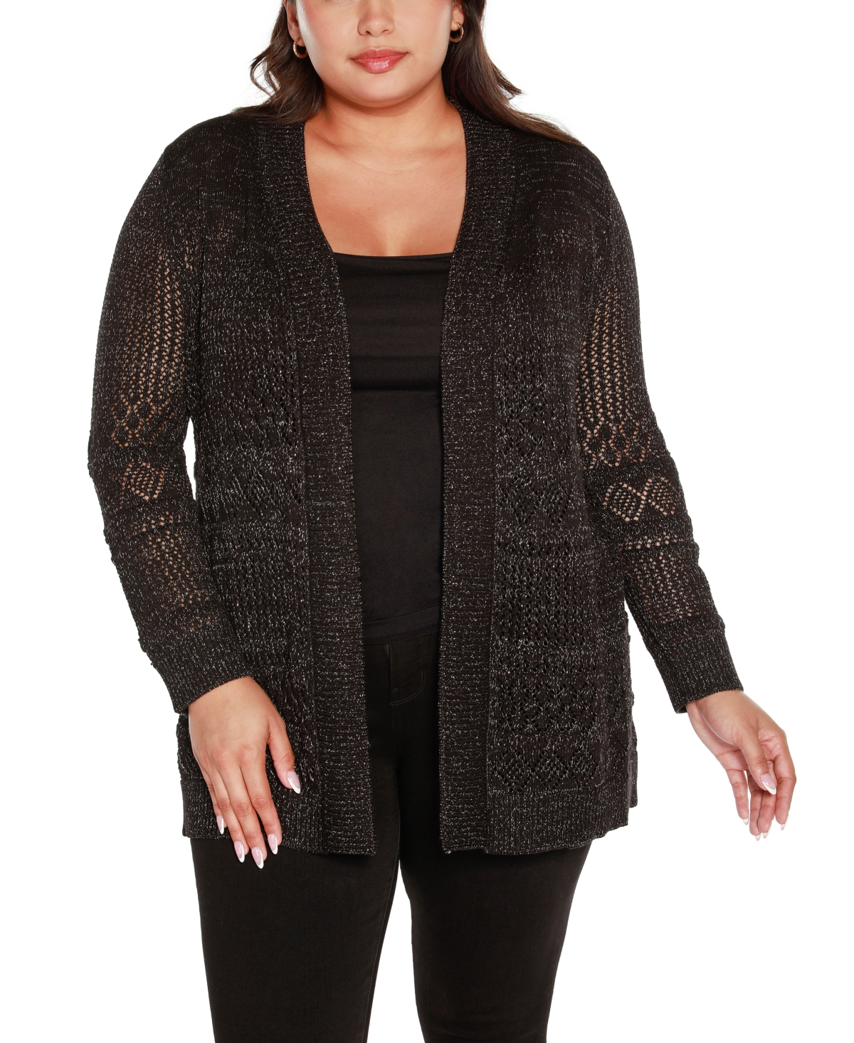 Belldini Plus Size Lurex Pointelle Open-Front Cardigan Sweater