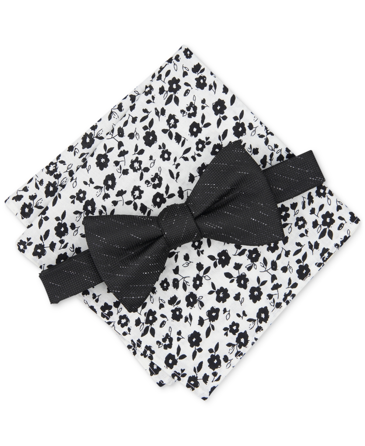 Men's Lansing Solid Bow Tie & Floral Pocket Square Set, Created for Macy's - Black