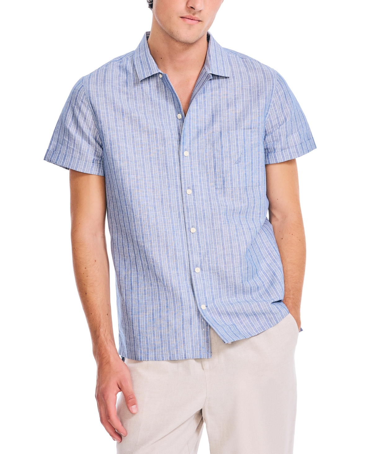 Nautica Men's Striped Short-sleeve Button-up Linen Shirt In Light Pastel Blue