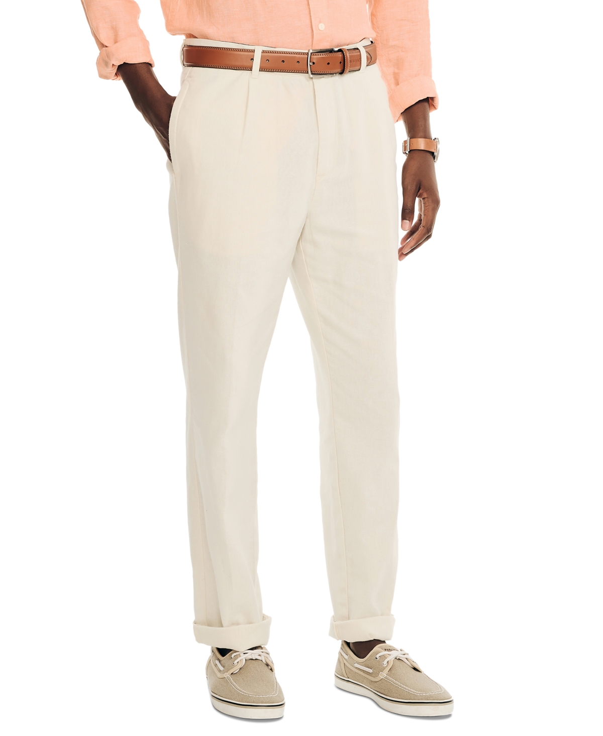Nautica Men's Tailored-fit Pleated Linen Blend Pants In Natural