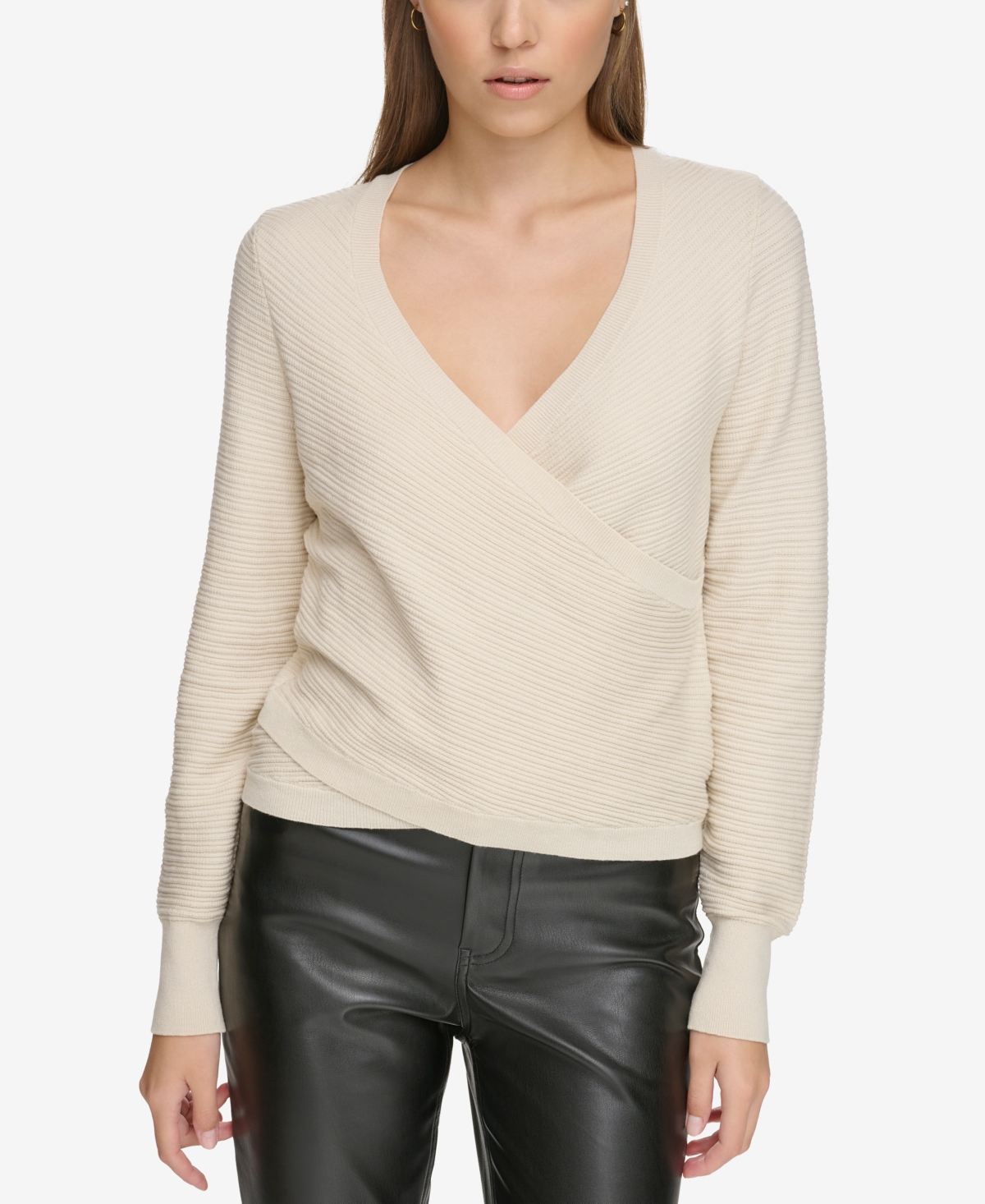 Women's Ribbed Long-Sleeve Wrap Sweater - Dk - Lt City Khaki