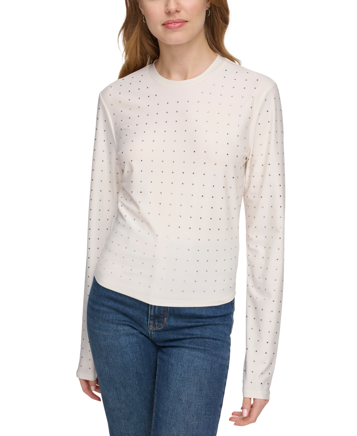 Dkny Jeans Women's Studded Crewneck Long-sleeve Top In Ivy - Ivory