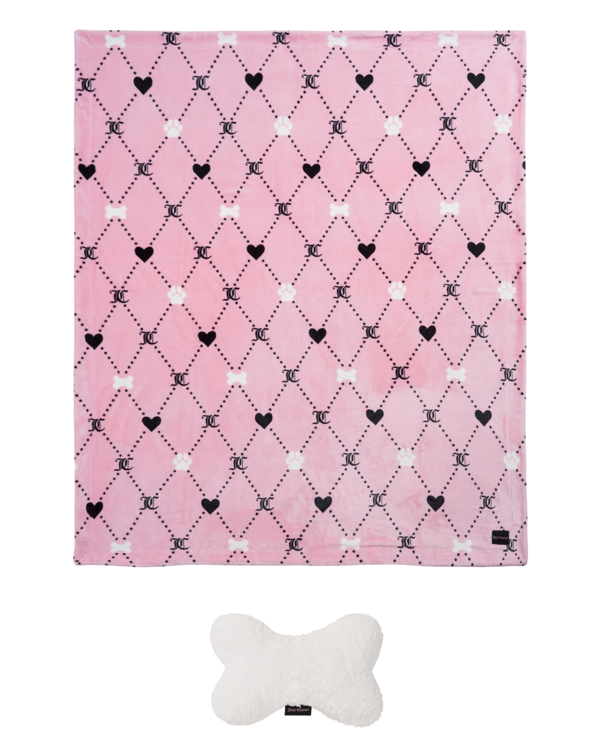 Paw Heart Pet Plush Sherpa 50" x 60" Blanket Bone Pillow, Set of 2 - Black