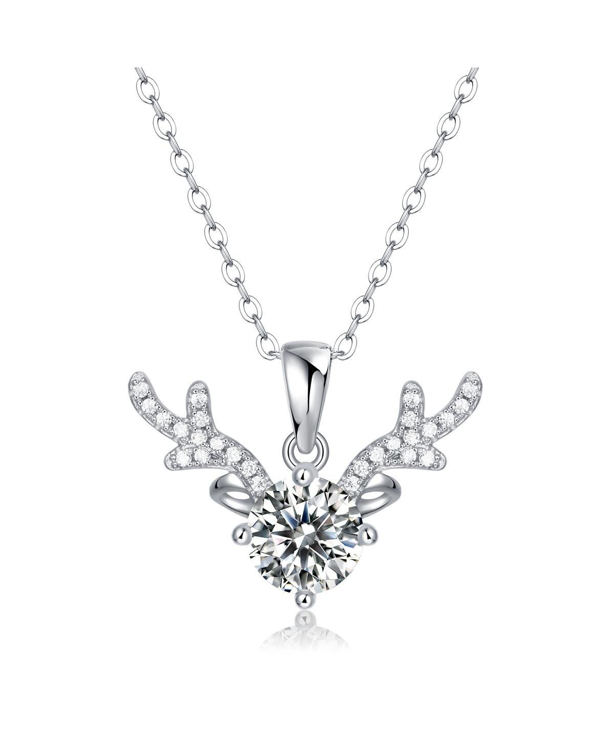 Sterling Silver White Gold Plated with 1ctw Lab Created Moissanite Solitaire Pave Antler Pendant Layering Necklace - Silver