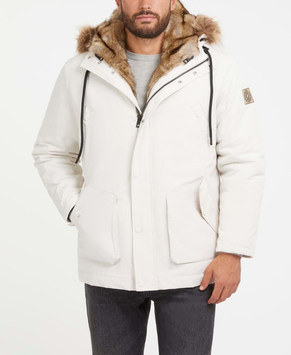 Guess Men's Winter Faux Fur Parka Jacket In Muted Stone
