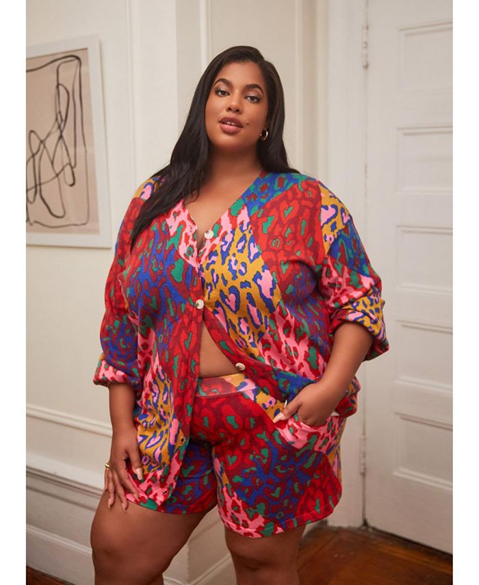 Rebdolls Women's Plus Size Logan Knit Multi Leopard Print Button
