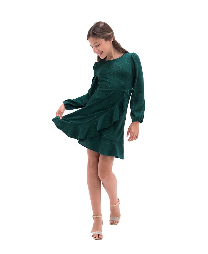 Rare Editions Big Girls Long Sleeve Glitter Knit Faux Wrap Dress