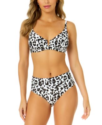 Anne Cole Womens Printed V Wire Bikini Top Soft Band Mid Rise Bottoms In Black,white Lepord