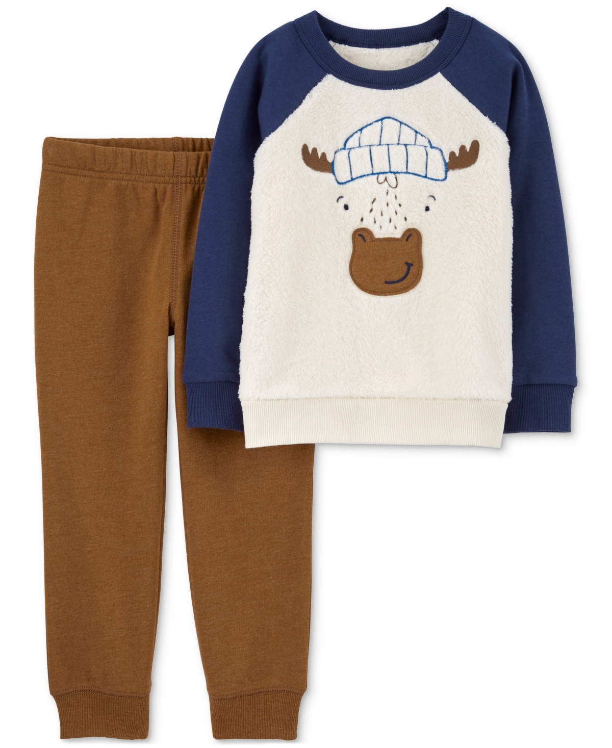 Carter's Baby Boys Faux-sherpa Moose Pullover Top And Pants, 2 Piece Set In Navy,brown
