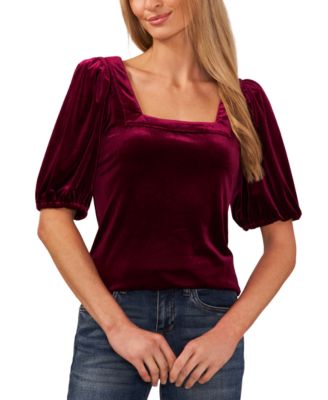 CeCe - Women's Square-Neck Short-Puff-Sleeve Velvet Top