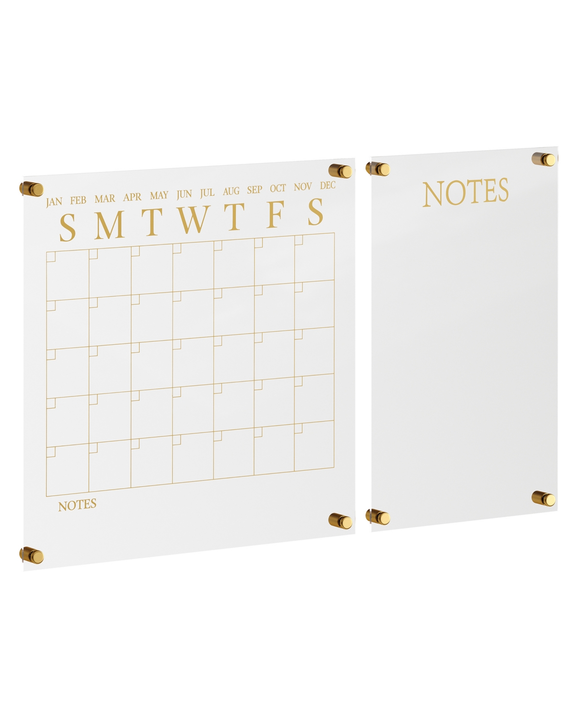 Grayson Acrylic Wall Calendar and Notes Board Set with Dry Erase Marker and Mounting Hardware - Clear, Gold