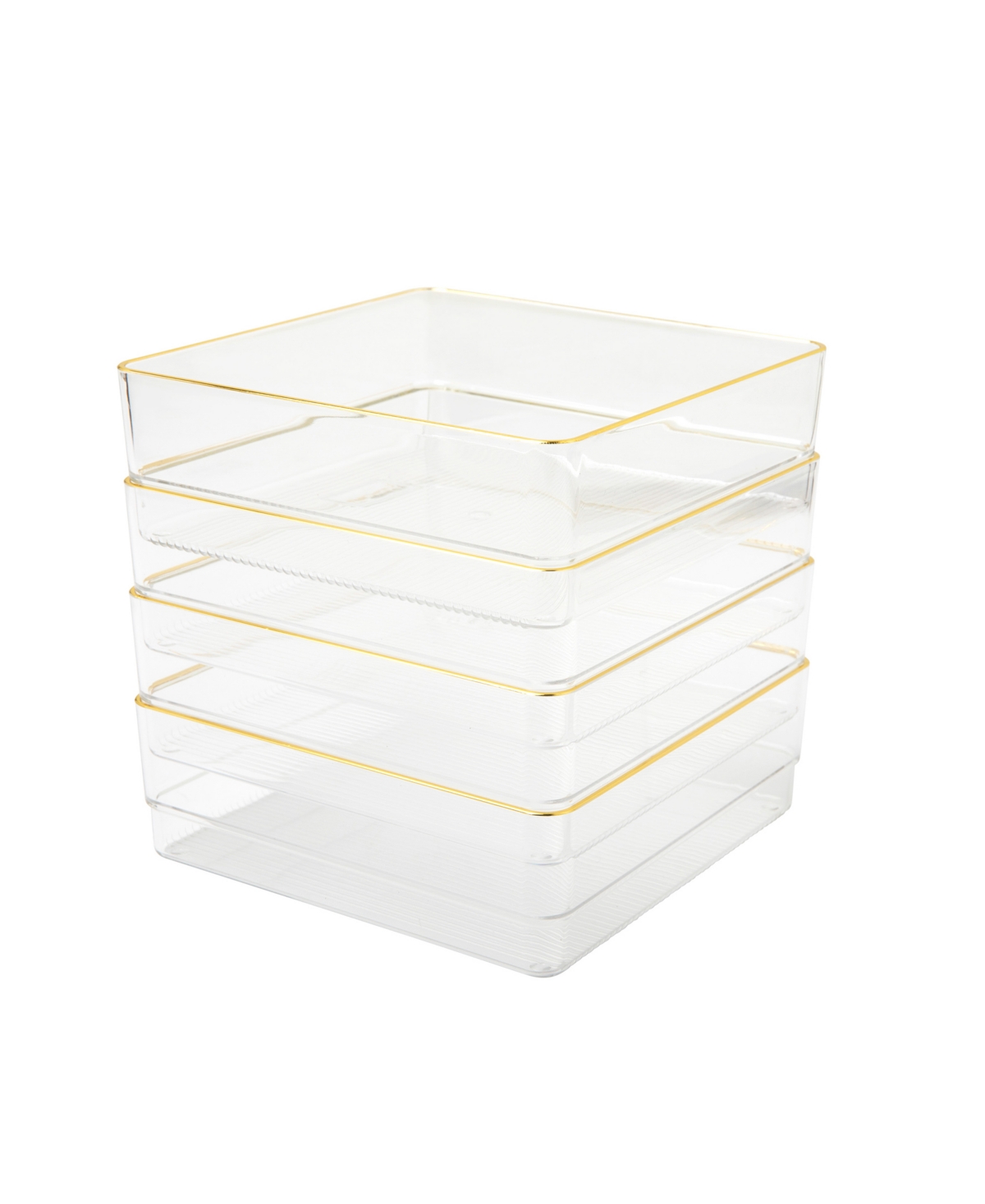 Kerry 4 Piece Plastic Stackable Office Desk Drawer Organizers, 6" x 6" - Clear, Gold Trim