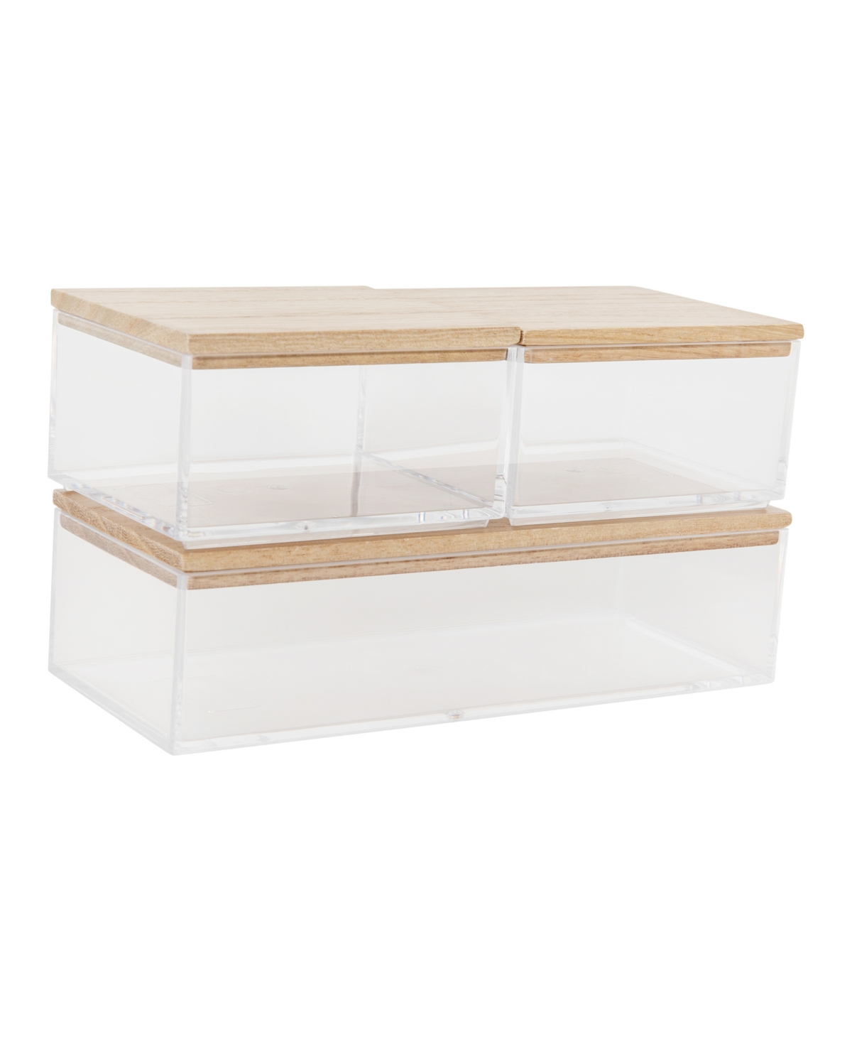 Brody Plastic Storage Organizer Bins with Paulownia Wood Lids for Home Office, Kitchen, or Bathroom, 2 Small, 1 Medium - Clear, Light N