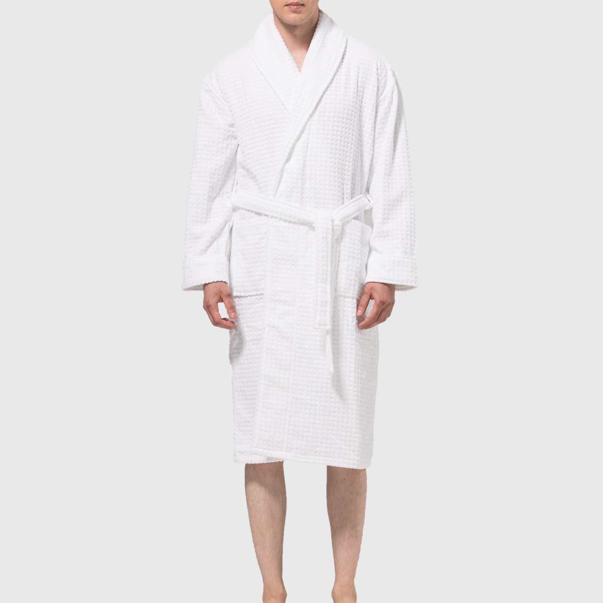 Mens Luxury Waffle Knit Cotton Bathrobe Shawl Collar Hotel Spa Robe - White
