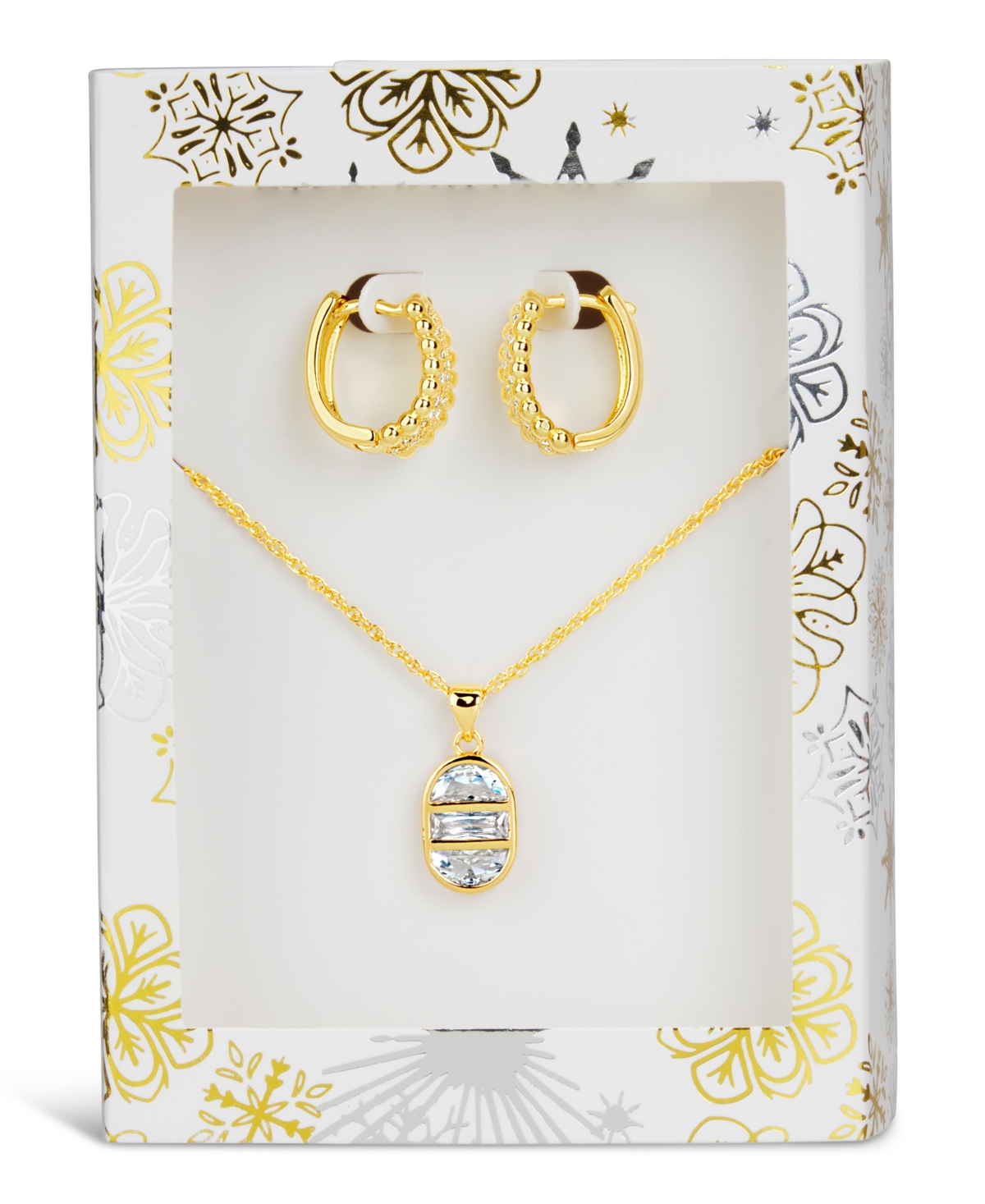 Sterling Forever Hoop And Cubic Zirconia Pendanet Necklace Peace & Joy Gift Set In Gold
