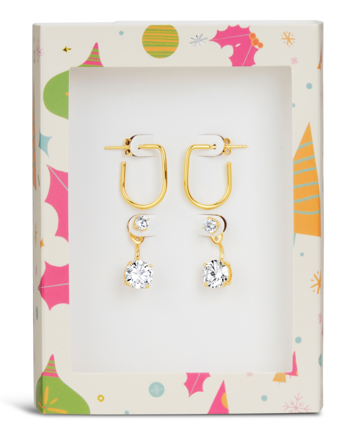 Sterling Forever Wire Hoop And Cubic Zirconia Drop Earring Tis The Season Gift Set In Gold