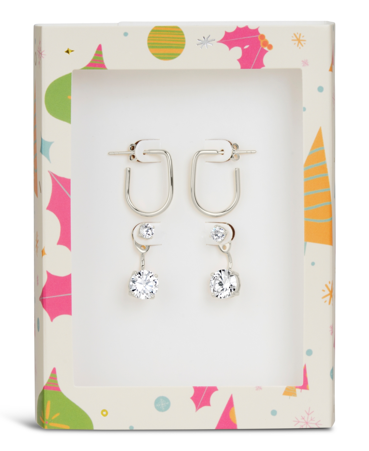 Sterling Forever Wire Hoop And Cubic Zirconia Drop Earring Tis The Season Gift Set In Silver