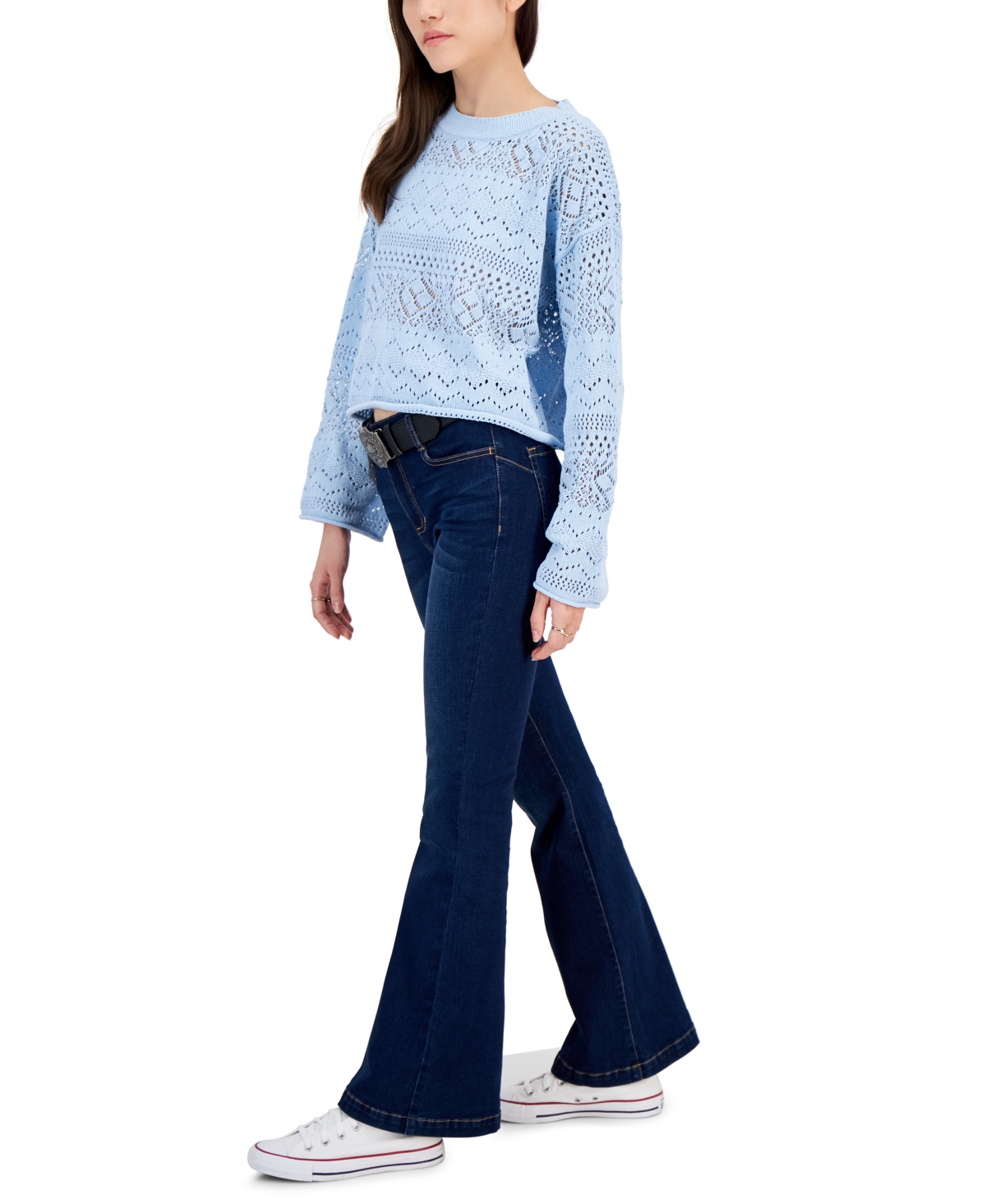 Dollhouse Juniors' High-Rise Belted Flare-Leg Jeans