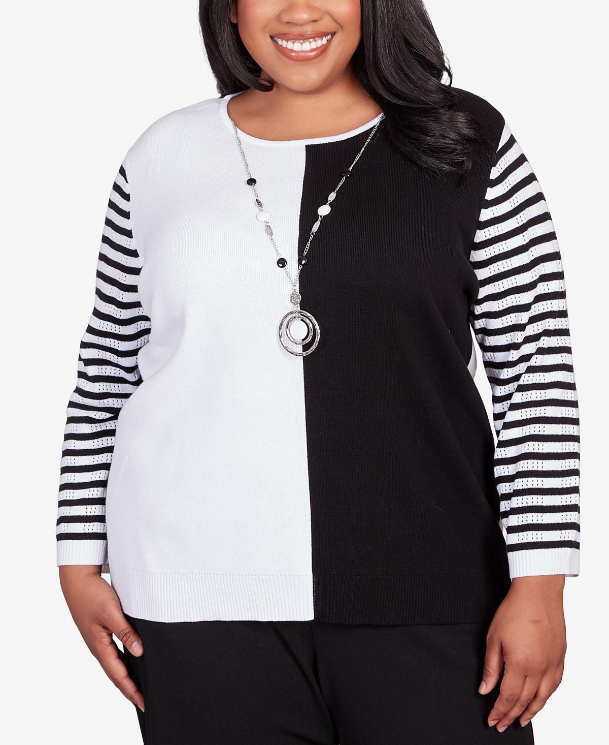 ALFRED DUNNER PLUS SIZE WORLD TRAVELER COLORBLOCK STRIPED SLEEVE SWEATER WITH NECKLACE